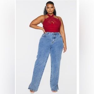 Plus Burgundy Chiffon Ruched Cross Front Underbust Halterneck Bodysuit